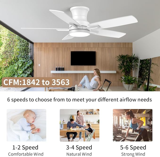42 Inch Flush Mount White Ceiling Fan with Light and Remote Control.Noiseless,Dimmable,3CCT,6 Speeds Reversible, Low Profile