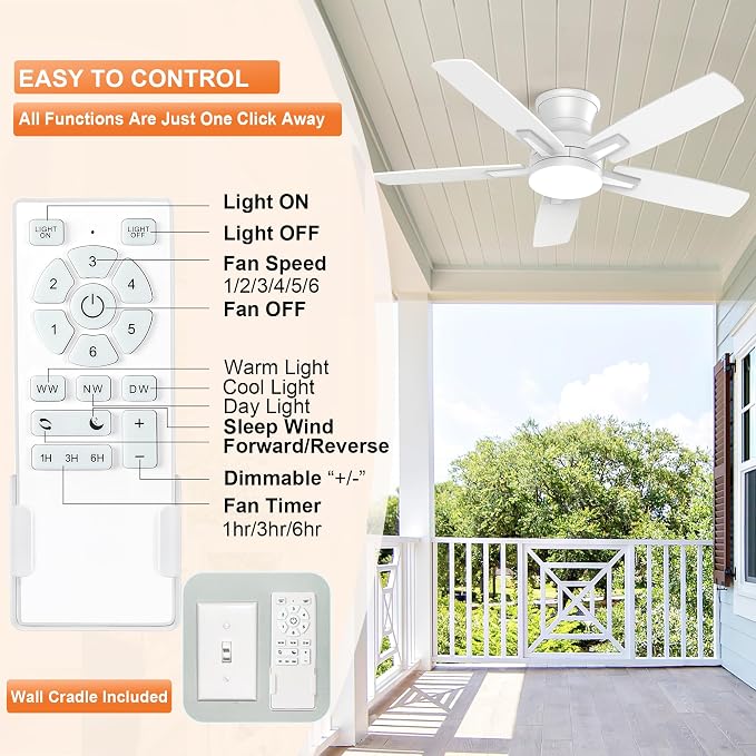42 Inch Flush Mount White Ceiling Fan with Light and Remote Control.Noiseless,Dimmable,3CCT,6 Speeds Reversible, Low Profile