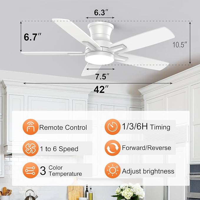 42 Inch Flush Mount White Ceiling Fan with Light and Remote Control.Noiseless,Dimmable,3CCT,6 Speeds Reversible, Low Profile
