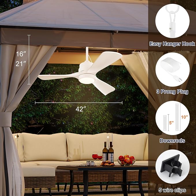 42 inch Gazebo Ceiling Fans Outdoor Hanging Waterproof, Wet Rated Oudoor Ceiling Fans for Patios with Light, 6 Speed Remote