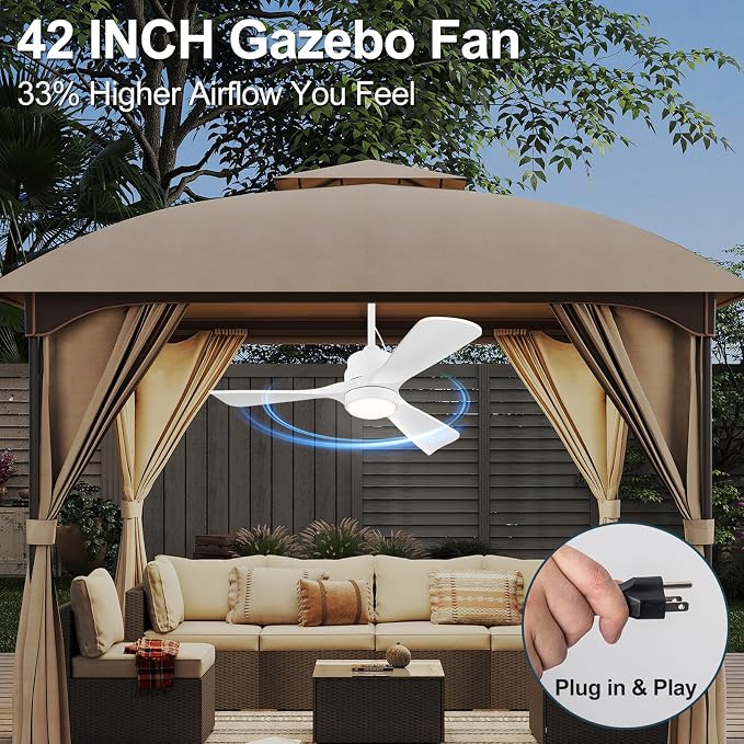 42 inch Gazebo Ceiling Fans Outdoor Hanging Waterproof, Wet Rated Oudoor Ceiling Fans for Patios with Light, 6 Speed Remote