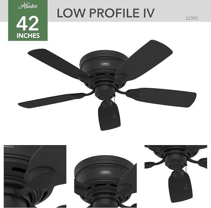 42 inch Indoor Ceiling Fan No Light - Black Ceiling Fan without Light, Low Profile Mount, 5 Blades, For Bedroom, Living Room