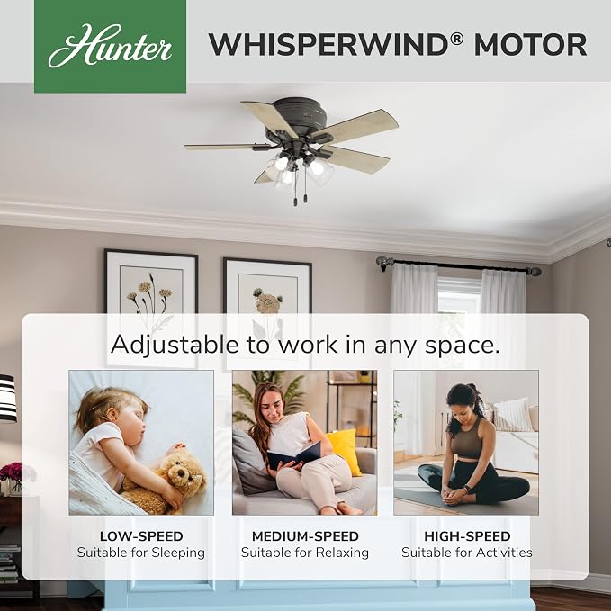 42 inch Indoor Ceiling Fan with LED Lights and Pull Chain - Low Profile Mount Ceiling Fan, 5 Blades, For Bedroom, Living