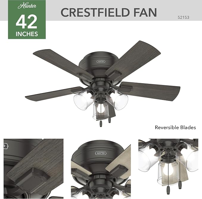 42 inch Indoor Ceiling Fan with LED Lights and Pull Chain - Low Profile Mount Ceiling Fan, 5 Blades, For Bedroom, Living