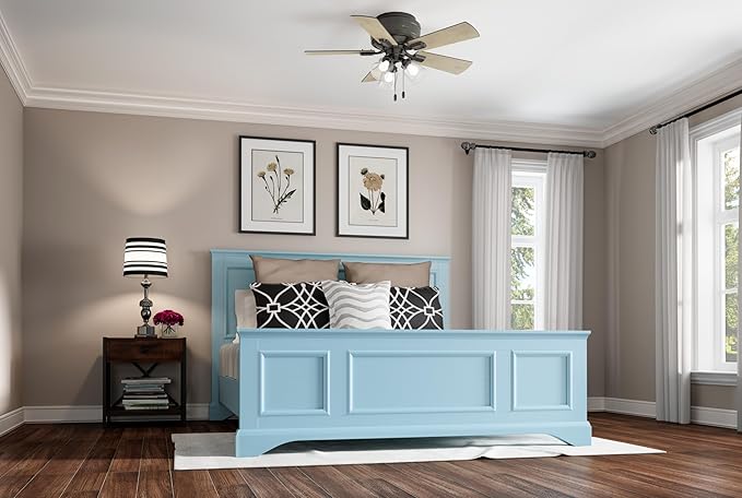 42 inch Indoor Ceiling Fan with LED Lights and Pull Chain - Low Profile Mount Ceiling Fan, 5 Blades, For Bedroom, Living
