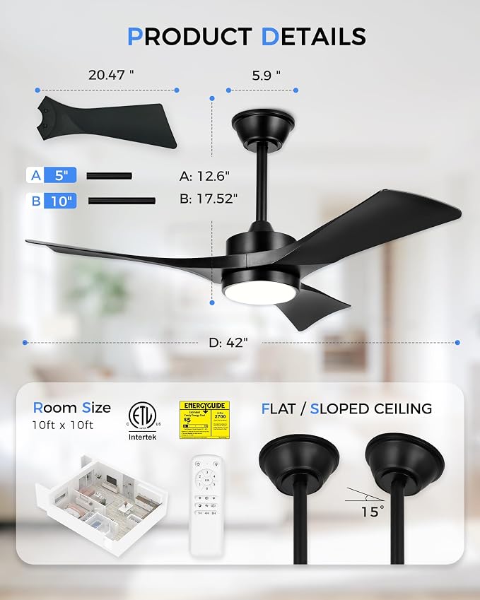 42 Inch Indoor Outdoor Ceiling Fan with Light and Remote, 3CCT Dimmable LED, Modern Black Ceiling Fan, Reversible Motor