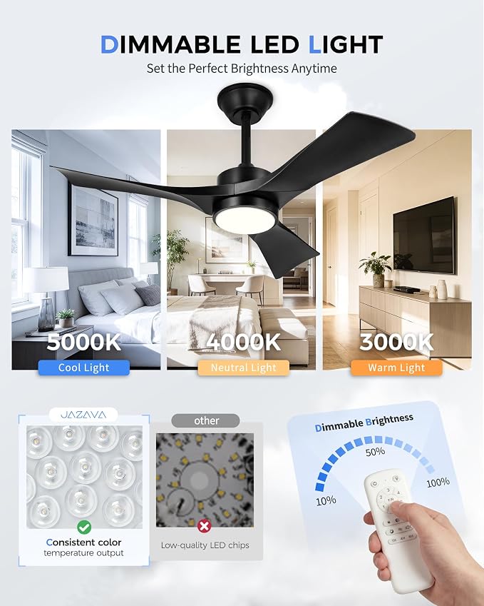 42 Inch Indoor Outdoor Ceiling Fan with Light and Remote, 3CCT Dimmable LED, Modern Black Ceiling Fan, Reversible Motor