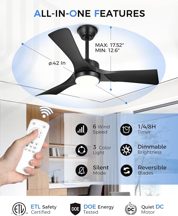 42 Inch Indoor Outdoor Ceiling Fan with Light and Remote, 3CCT Dimmable LED, Modern Black Ceiling Fan, Reversible Motor