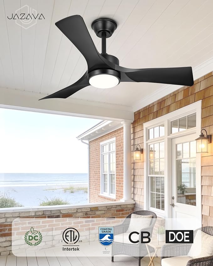 42 Inch Indoor Outdoor Ceiling Fan with Light and Remote, 3CCT Dimmable LED, Modern Black Ceiling Fan, Reversible Motor