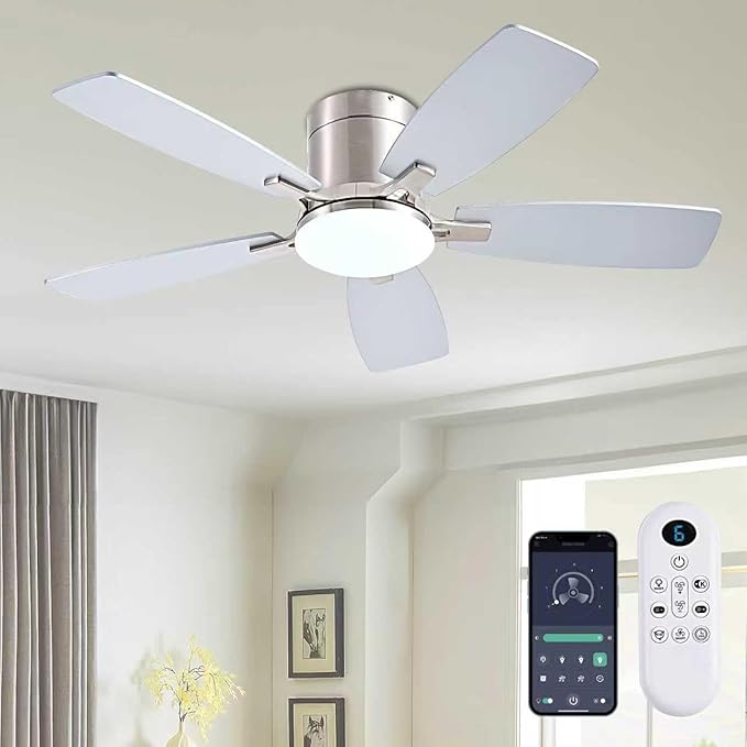 42 Inch Low Profile Ceiling Fans with Lights and Remote, Flush Mount Modern Ceiling Fan, 3CCT Dimmable DC Ceiling Fan for
