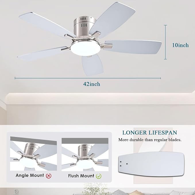 42 Inch Low Profile Ceiling Fans with Lights and Remote, Flush Mount Modern Ceiling Fan, 3CCT Dimmable DC Ceiling Fan for