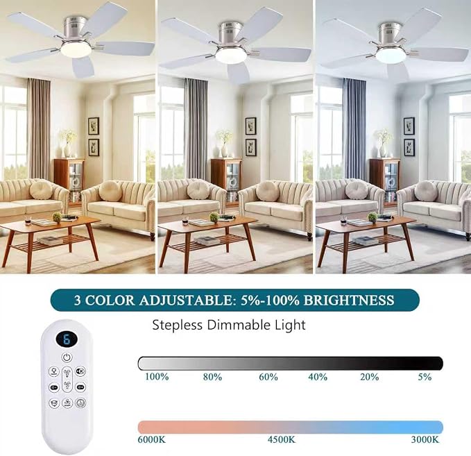 42 Inch Low Profile Ceiling Fans with Lights and Remote, Flush Mount Modern Ceiling Fan, 3CCT Dimmable DC Ceiling Fan for
