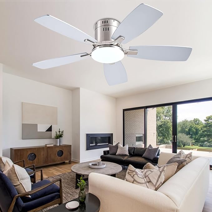42 Inch Low Profile Ceiling Fans with Lights and Remote, Flush Mount Modern Ceiling Fan, 3CCT Dimmable DC Ceiling Fan for