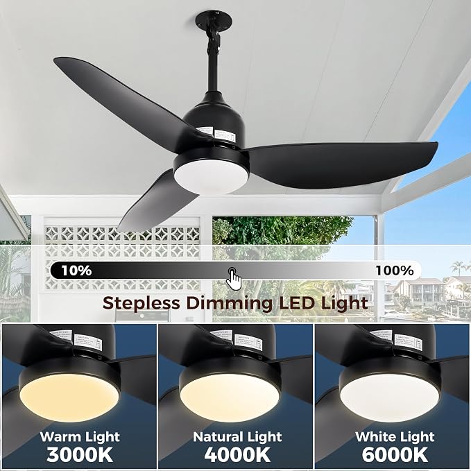 42 Inch Outdoor Ceiling Fan with Light,Waterproof Plug in Ceiling Fan,Outdoor Gazebo Fan,App&Remote Control,3 Colors LED