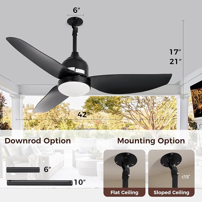 42 Inch Outdoor Ceiling Fan with Light,Waterproof Plug in Ceiling Fan,Outdoor Gazebo Fan,App&Remote Control,3 Colors LED