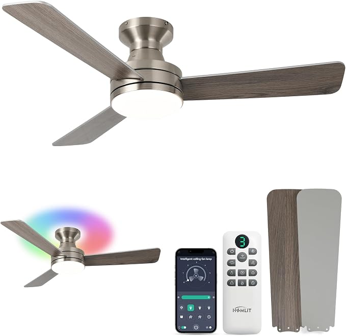 42 inch RGB Ceiling Fan with Light, Smart App & Remote Control Low Profile Flush Mount, Music Sync Lighting, 6-Speed Quiet