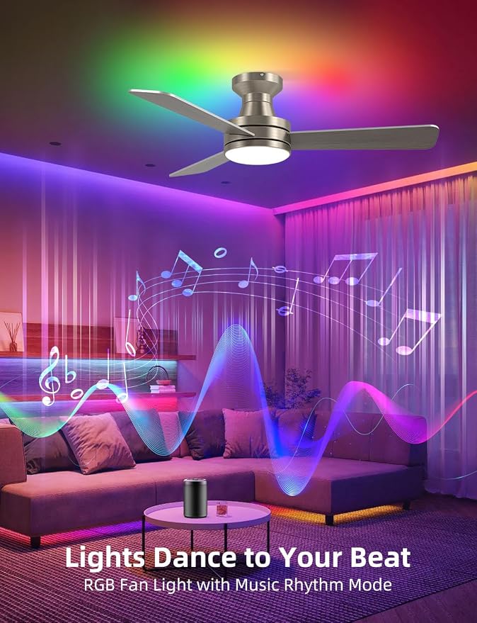 42 inch RGB Ceiling Fan with Light, Smart App & Remote Control Low Profile Flush Mount, Music Sync Lighting, 6-Speed Quiet