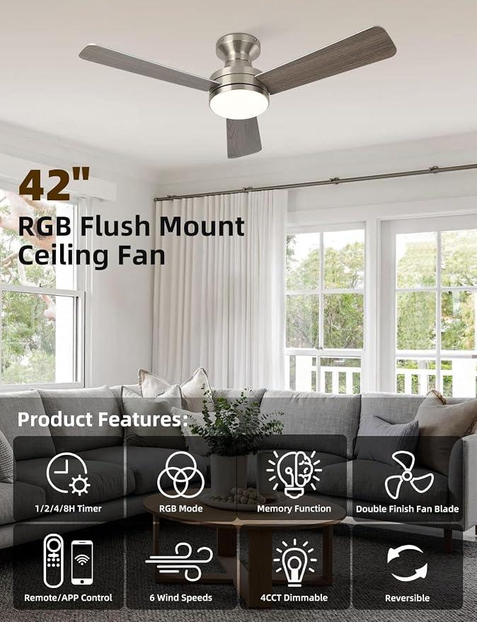 42 inch RGB Ceiling Fan with Light, Smart App & Remote Control Low Profile Flush Mount, Music Sync Lighting, 6-Speed Quiet
