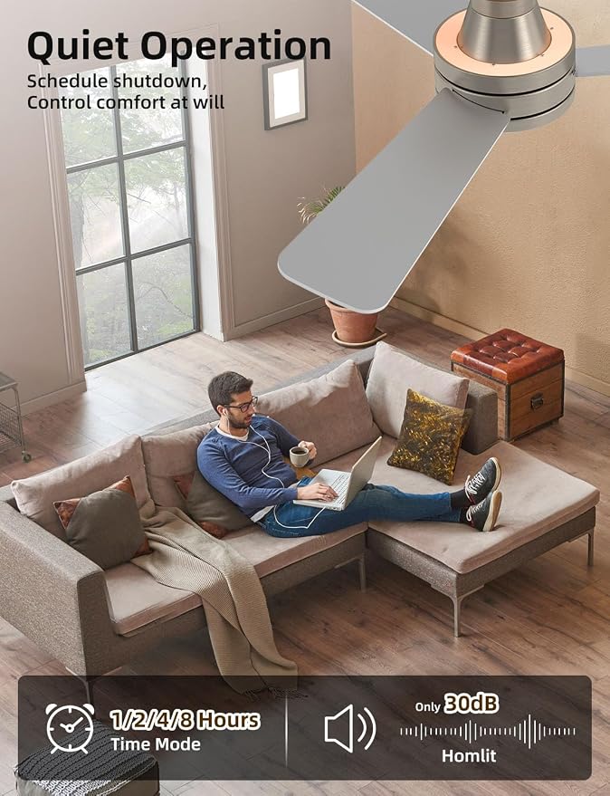 42 inch RGB Ceiling Fan with Light, Smart App & Remote Control Low Profile Flush Mount, Music Sync Lighting, 6-Speed Quiet