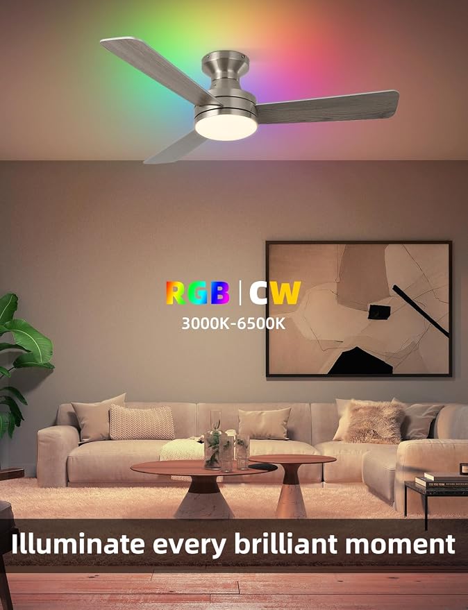 42 inch RGB Ceiling Fan with Light, Smart App & Remote Control Low Profile Flush Mount, Music Sync Lighting, 6-Speed Quiet