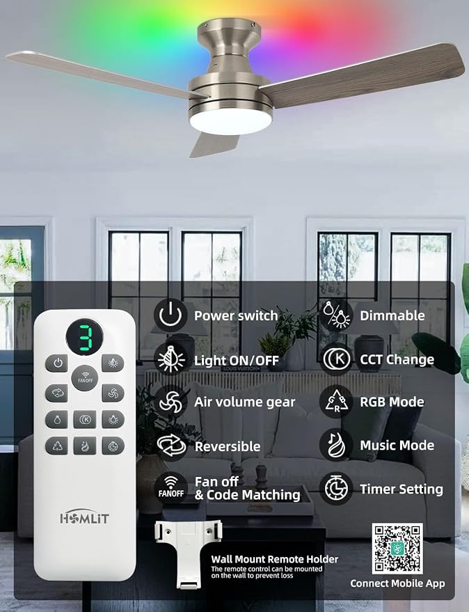 42 inch RGB Ceiling Fan with Light, Smart App & Remote Control Low Profile Flush Mount, Music Sync Lighting, 6-Speed Quiet