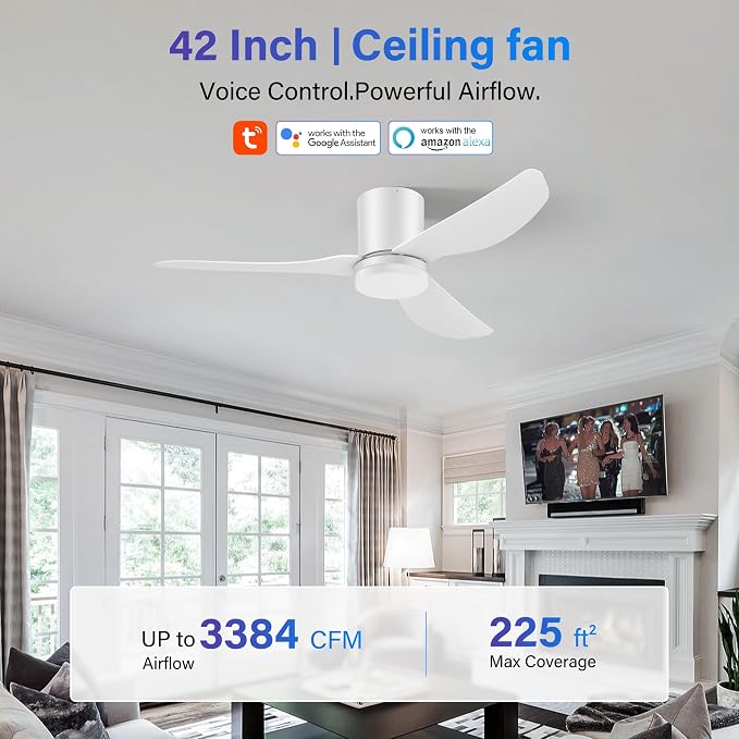 42 Inch Smart Ceiling Fans with Lights and Remote, Low Profile Ceiling Fan Voice Control via WIFI Alexa App, alternate view 2