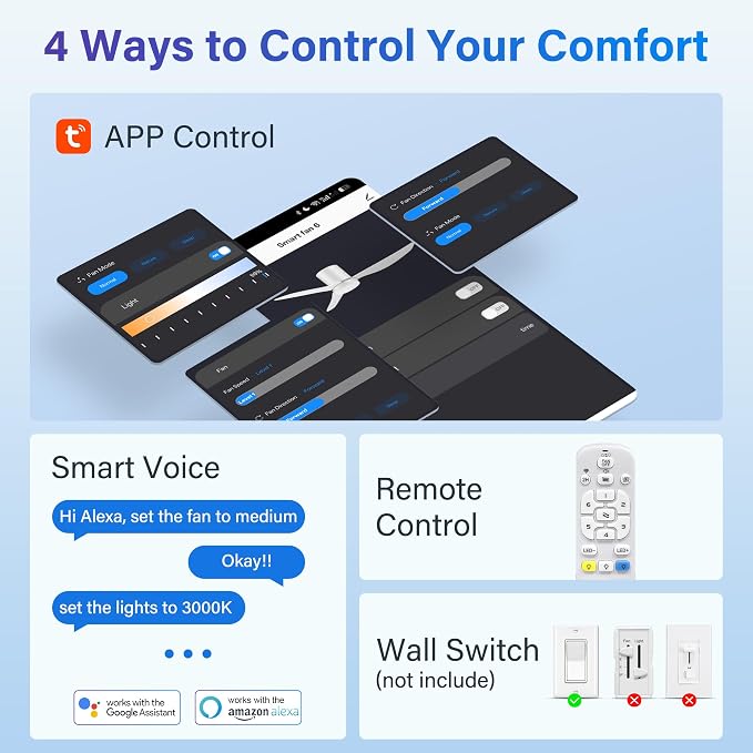42 Inch Smart Ceiling Fans with Lights and Remote, Low Profile Ceiling Fan Voice Control via WIFI Alexa App, alternate view 3