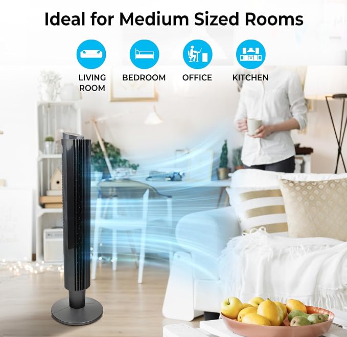 42-Inch Smart Wi-Fi Oscillating Tower Fan – 5 Speeds, 3 Modes, Adjustable 36–42" Height, Bladeless Quiet Standing Fan with