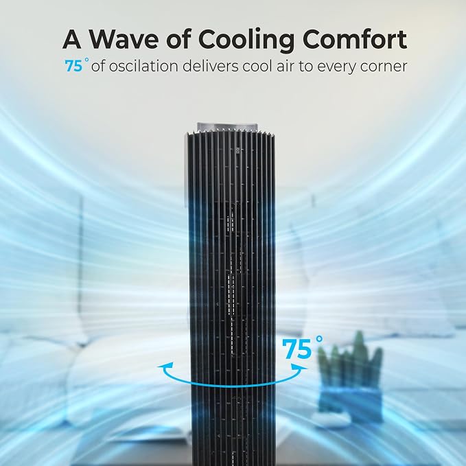 42-Inch Smart Wi-Fi Oscillating Tower Fan – 5 Speeds, 3 Modes, Adjustable 36–42" Height, Bladeless Quiet Standing Fan with