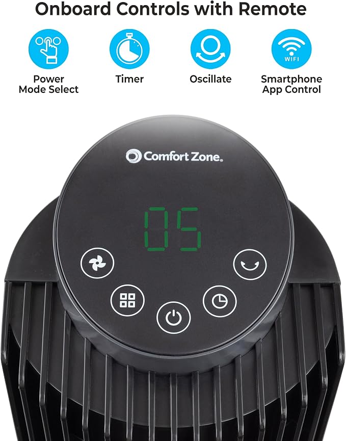 42-Inch Smart Wi-Fi Oscillating Tower Fan – 5 Speeds, 3 Modes, Adjustable 36–42" Height, Bladeless Quiet Standing Fan with