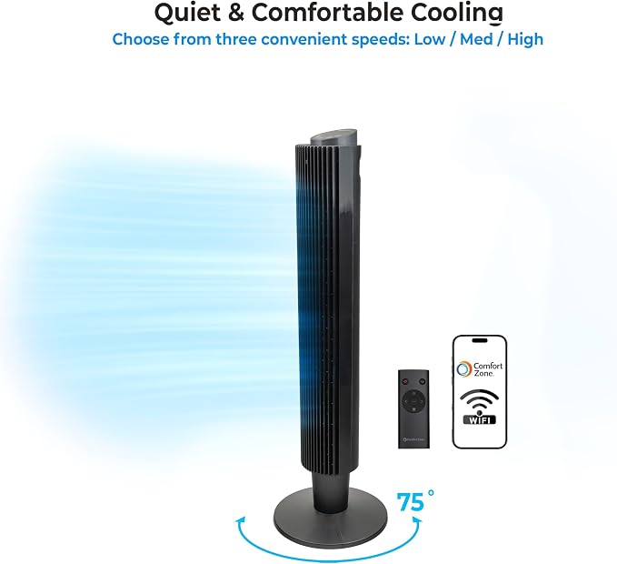 42-Inch Smart Wi-Fi Oscillating Tower Fan – 5 Speeds, 3 Modes, Adjustable 36–42" Height, Bladeless Quiet Standing Fan with