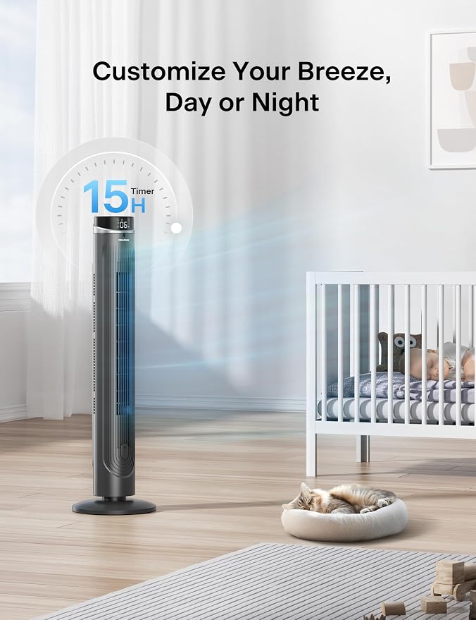 42-Inch Tower Fan for bedroom, Standing Fan with 90° Oscillation, 28ft/s, 5 Speeds & 4 Modes, Eco Mode, 12H Timer, 23dB