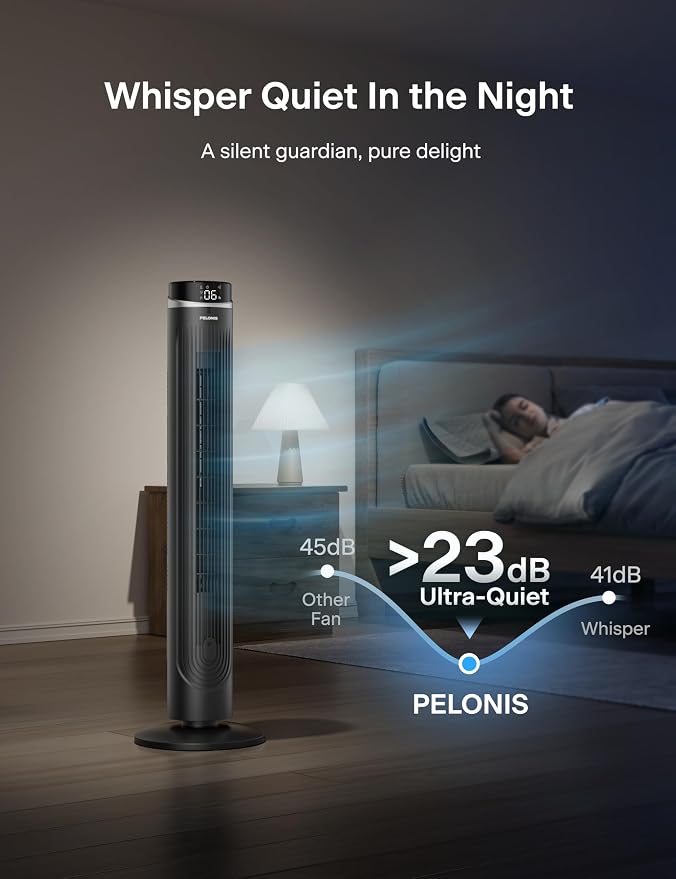 42-Inch Tower Fan for bedroom, Standing Fan with 90° Oscillation, 28ft/s, 5 Speeds & 4 Modes, Eco Mode, 12H Timer, 23dB