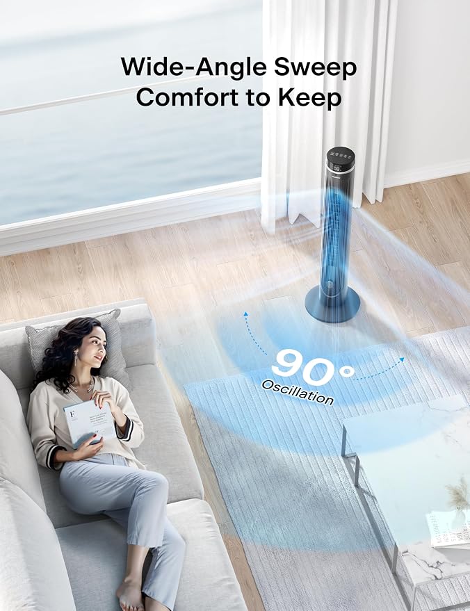 42-Inch Tower Fan for bedroom, Standing Fan with 90° Oscillation, 28ft/s, 5 Speeds & 4 Modes, Eco Mode, 12H Timer, 23dB