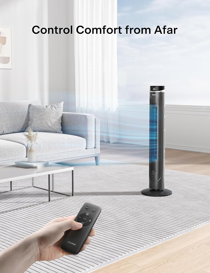 42-Inch Tower Fan for bedroom, Standing Fan with 90° Oscillation, 28ft/s, 5 Speeds & 4 Modes, Eco Mode, 12H Timer, 23dB