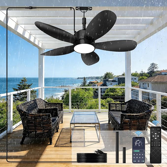 42 Inch Waterproof Outdoor Ceiling Fan with Light and Remote, Hanging Gazebo Fan with 3CCT 6-Speed DC Motor, Black Wet Rated