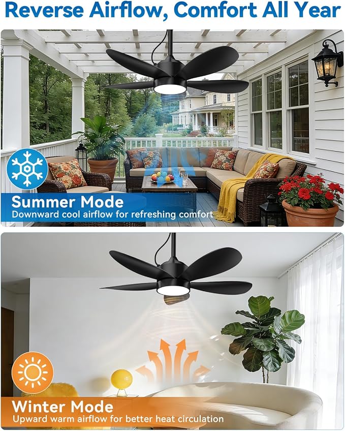 42 Inch Waterproof Outdoor Ceiling Fan with Light and Remote, Hanging Gazebo Fan with 3CCT 6-Speed DC Motor, Black Wet Rated