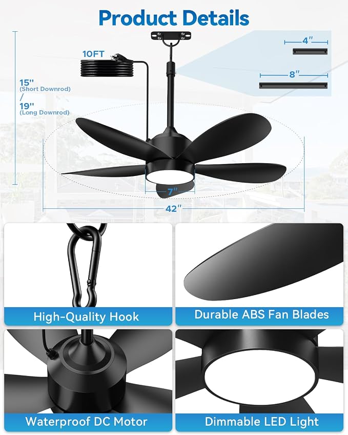 42 Inch Waterproof Outdoor Ceiling Fan with Light and Remote, Hanging Gazebo Fan with 3CCT 6-Speed DC Motor, Black Wet Rated