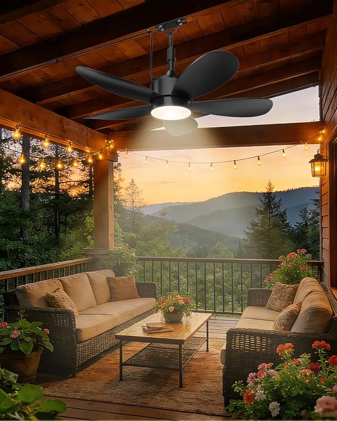 42 Inch Waterproof Outdoor Ceiling Fan with Light and Remote, Hanging Gazebo Fan with 3CCT 6-Speed DC Motor, Black Wet Rated