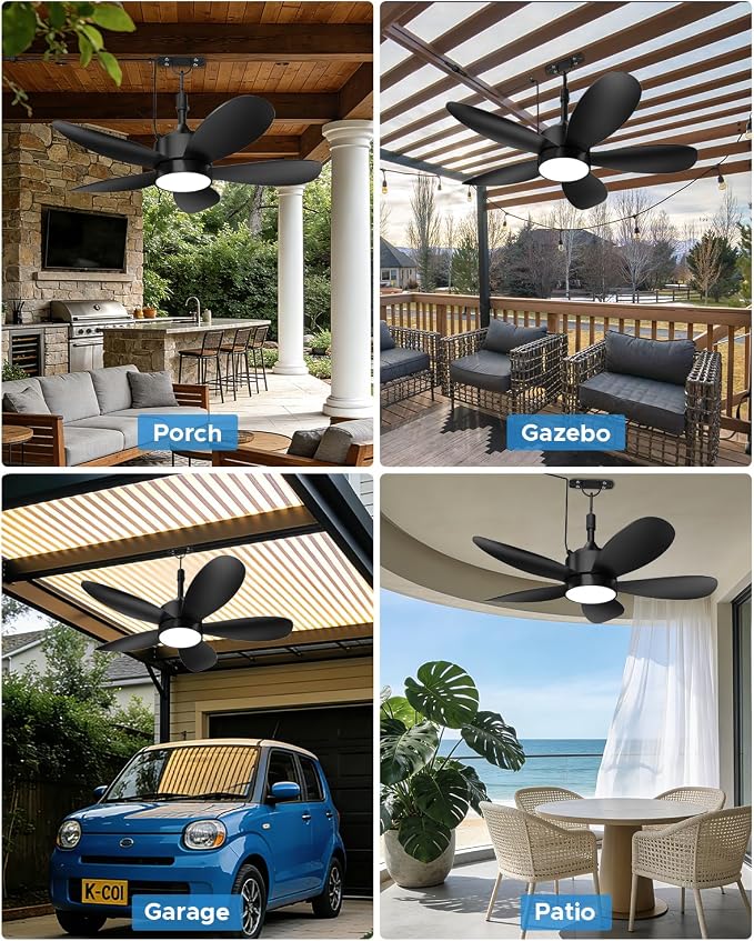 42 Inch Waterproof Outdoor Ceiling Fan with Light and Remote, Hanging Gazebo Fan with 3CCT 6-Speed DC Motor, Black Wet Rated