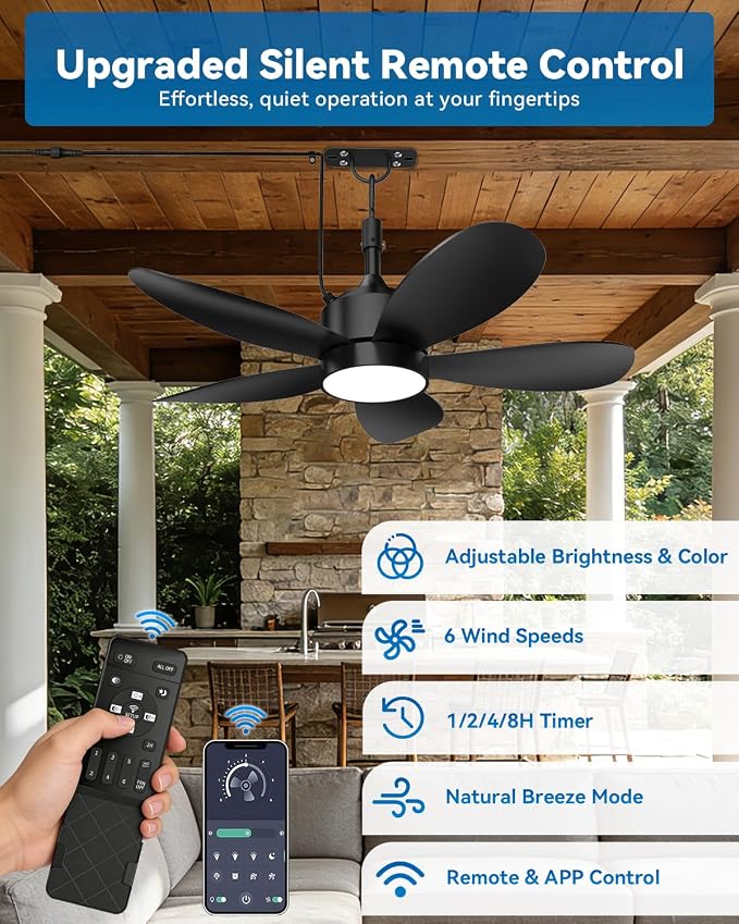 42 Inch Waterproof Outdoor Ceiling Fan with Light and Remote, Hanging Gazebo Fan with 3CCT 6-Speed DC Motor, Black Wet Rated