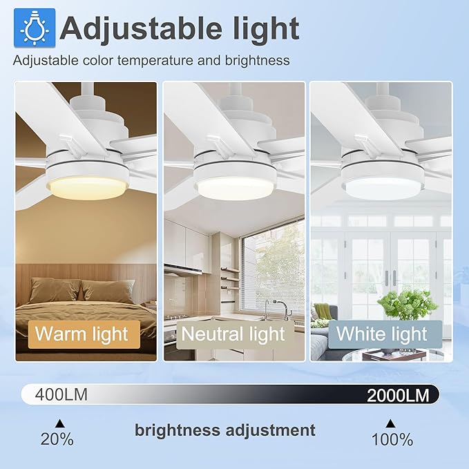 42 Inch White Ceiling Fan with Light and Remote Control,Dimmable 3 Color Temperatures LED Ceiling Fan,6 Speeds Reversible DC