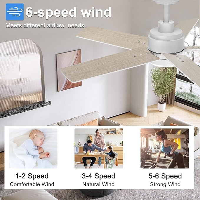 42 Inch White Ceiling Fan with Light and Remote Control,Dimmable 3 Color Temperatures LED Ceiling Fan,6 Speeds Reversible DC
