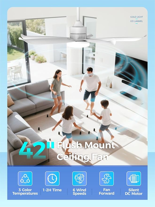42 Inch White Ceiling Fan with Light and Remote, Modern Ceiling Fan, 6 Speed, Reversible, 3000k-6500k Dimmable LED, Quiet DC