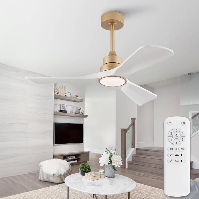 42 Inch White Ceiling Fans with Lights and Remote, 3 ABS Blades, Dimmable, 6 Speeds Quiet DC Motor, Modern Indoor Outdoor