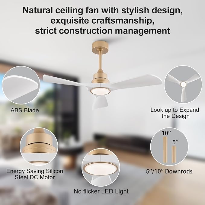 42 Inch White Ceiling Fans with Lights and Remote, 3 ABS Blades, Dimmable, 6 Speeds Quiet DC Motor, Modern Indoor Outdoor