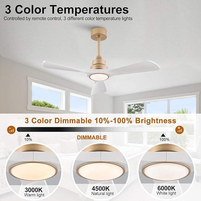 42 Inch White Ceiling Fans with Lights and Remote, 3 ABS Blades, Dimmable, 6 Speeds Quiet DC Motor, Modern Indoor Outdoor