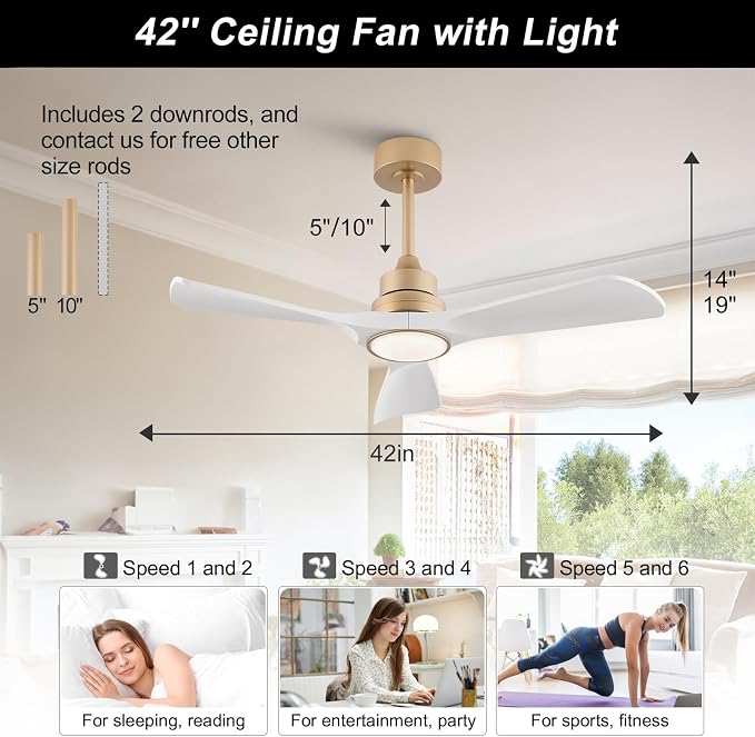 42 Inch White Ceiling Fans with Lights and Remote, 3 ABS Blades, Dimmable, 6 Speeds Quiet DC Motor, Modern Indoor Outdoor