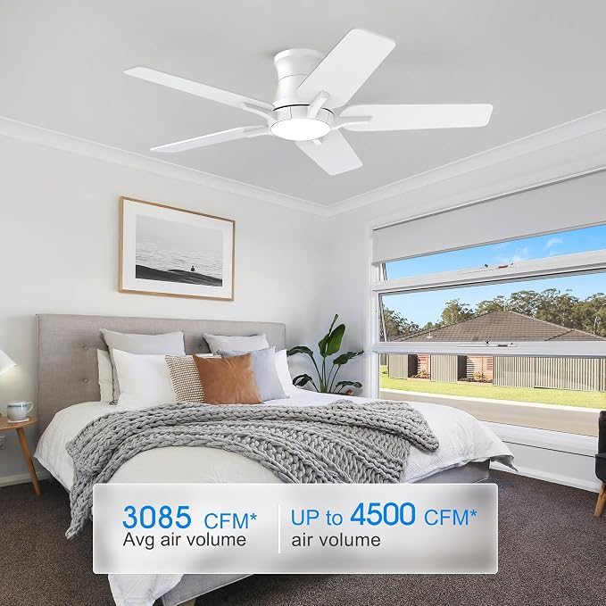 42 Inch White Ceiling Fans with Lights and Remote, Flush Mount Low Profile Ceiling Fan for Bedroom, Living Room, Patio
