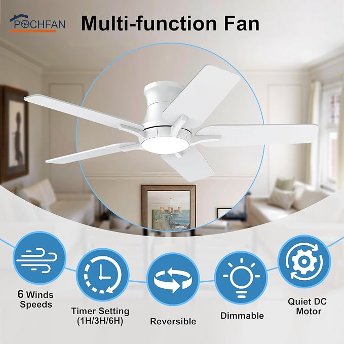 42 Inch White Ceiling Fans with Lights and Remote, Flush Mount Low Profile Ceiling Fan for Bedroom, Living Room, Patio